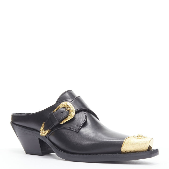 VERSACE 2019 black leather gold Medusa toe western buckle cuban mule EU37