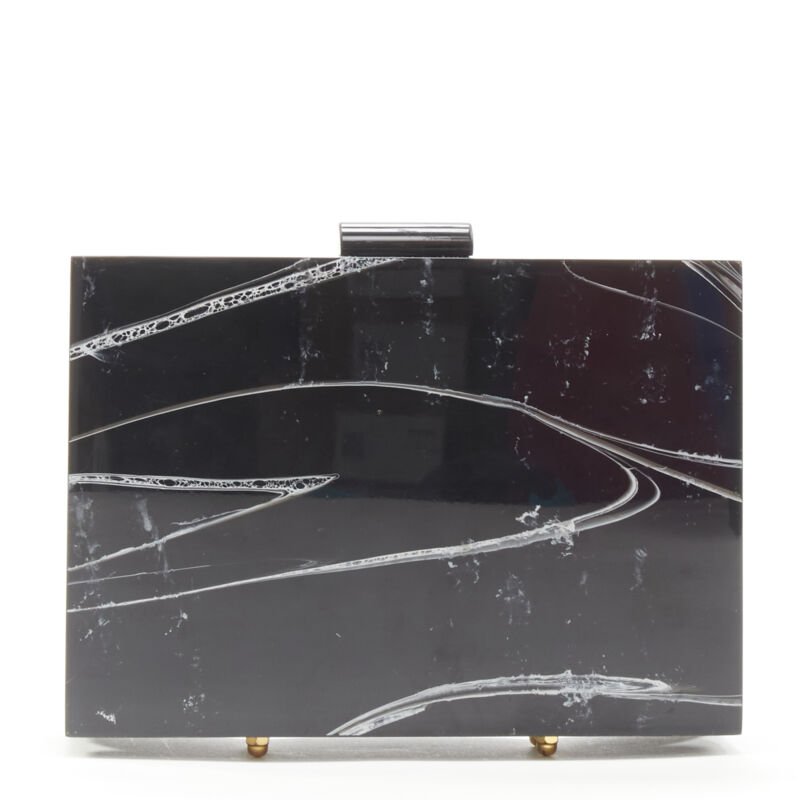 L'AFSHAR black white marble print acrylic gold hardware box clutch bag