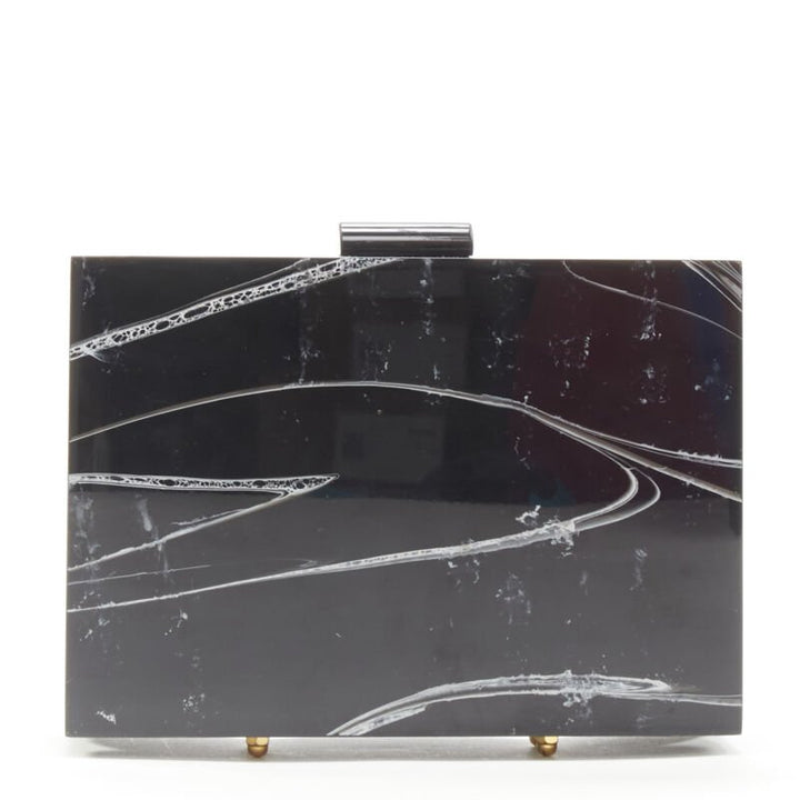 L'AFSHAR black white marble print acrylic gold hardware box clutch bag