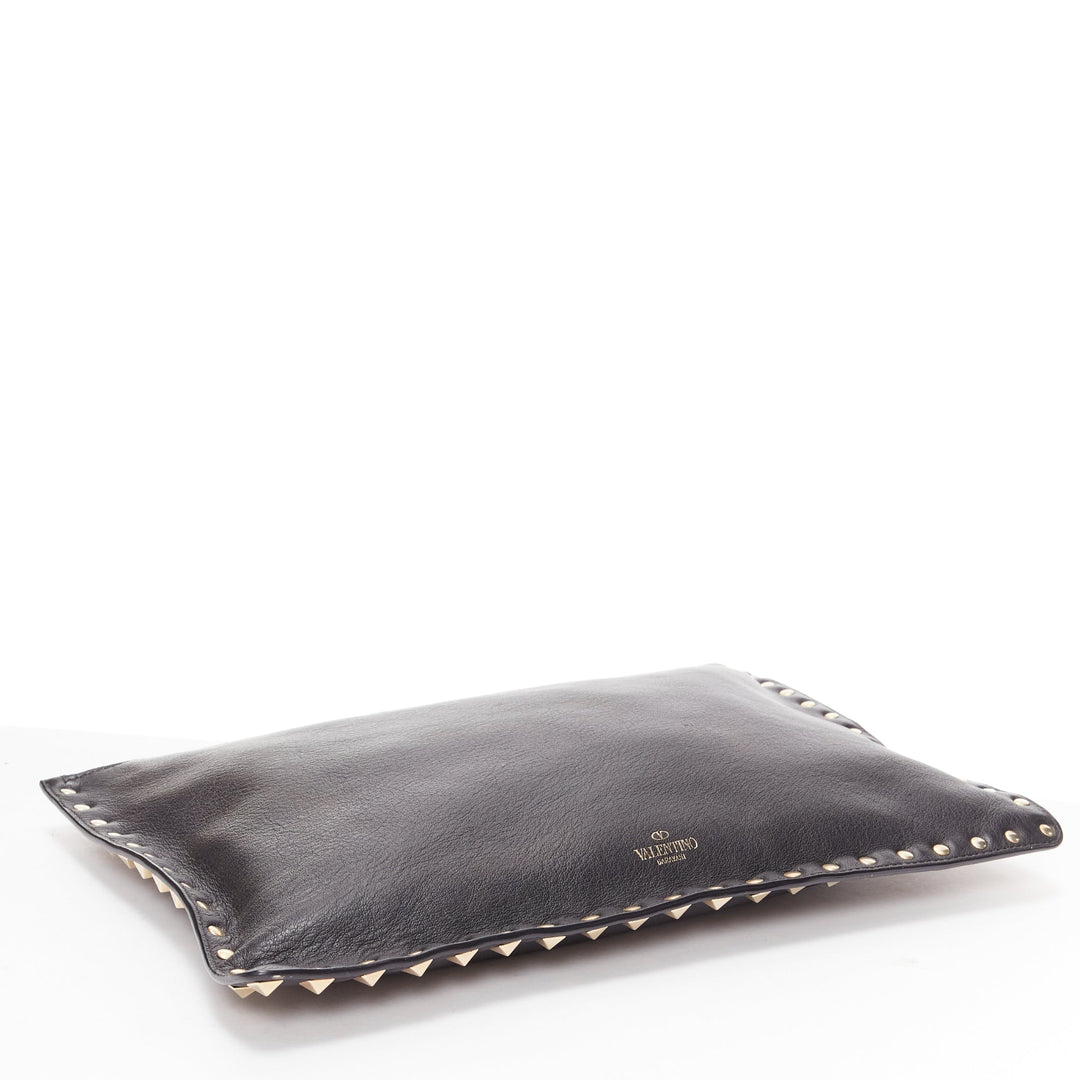 VALENTINO Rockstud black gold round studs logo triangle flat clutch bag