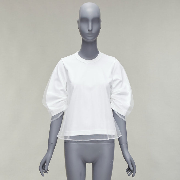 NOIR KEI NINOMIYA 2018 white cotton tulle overlay ruched sleeve tshirt XS
