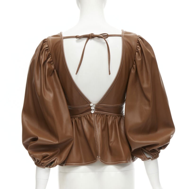 STAUD Luna tan brown vegan faux leather plunge neck puff sleeve top US0 XS