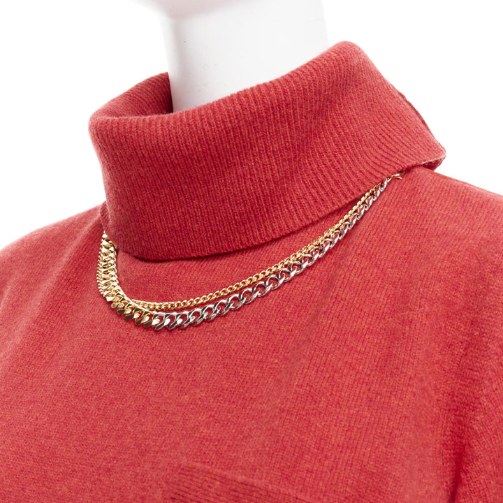 SACAI 2020 red 100% wool gold chain necklace turtleneck sweater top JP3 L
