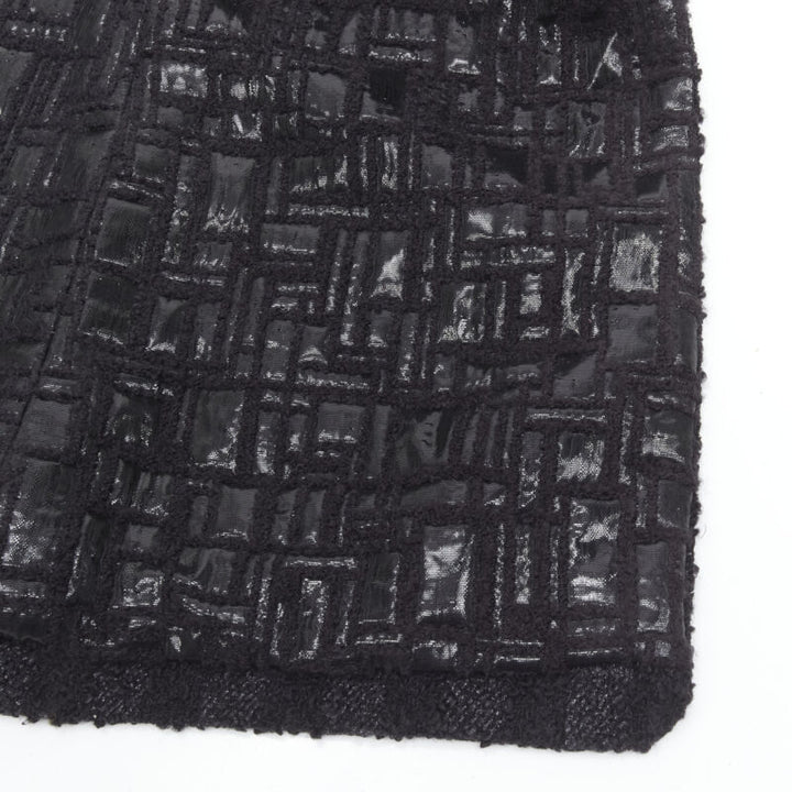 CHANEL 13K black lurex check tweed Globe CC button high low coat FR36 XS