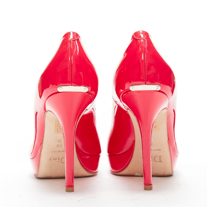 CHRISTIAN DIOR neon pink patent leather peep toe platform pumps EU38