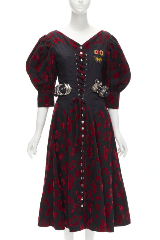 CHOPOVA LOWENA red velvet floral butterfly hook black corset Victorian dress S
