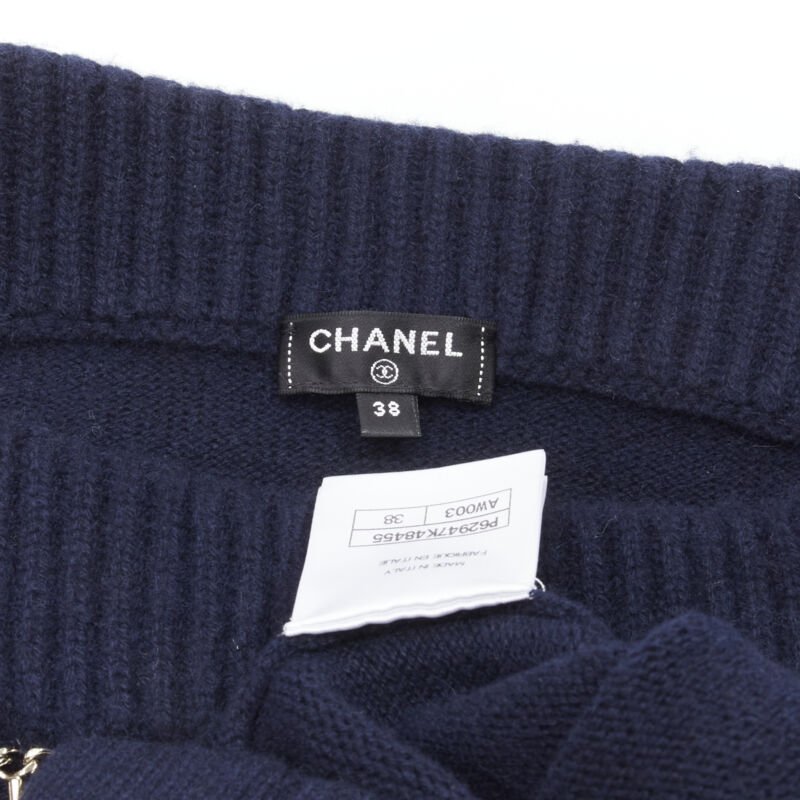 CHANEL 2020 Runway 100% cashmere navy gold chain trim boat neck sweater FR38