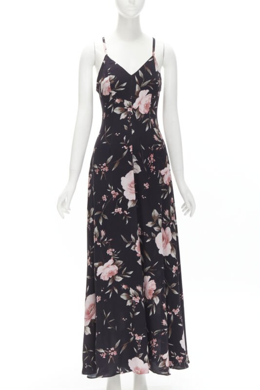 ALICE OLIVIA black pink rose floral print viscose midi slip dress US4 S
