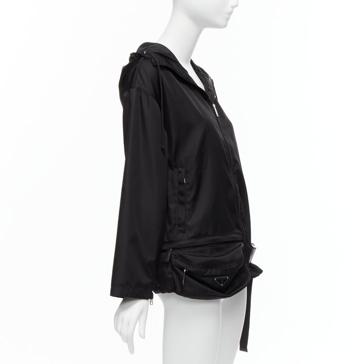 PRADA 2019 black nylon triangle logo waist bag hooded windbreaker jacket IT36 XS