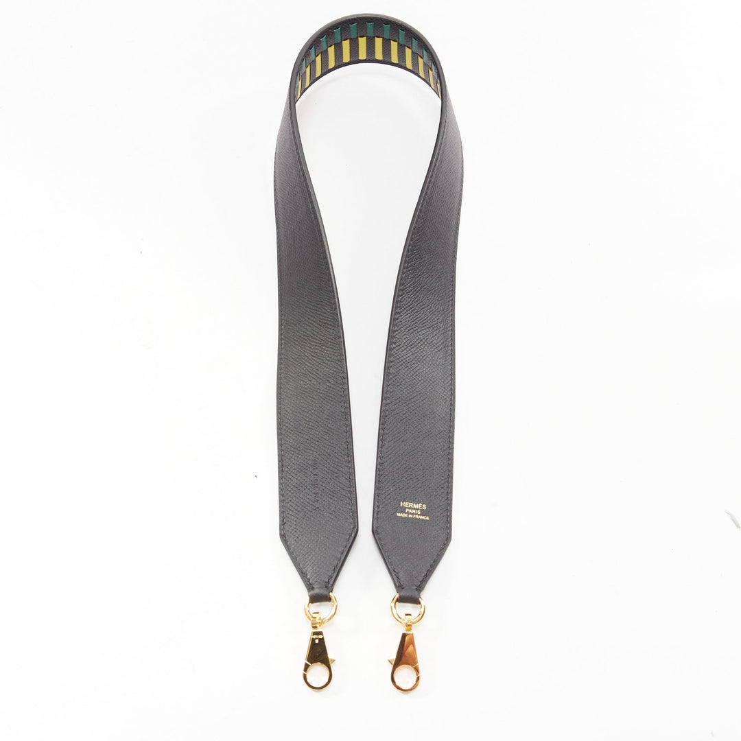HERMES Sangle Cavale 40 green yellow black woven leather gold hardware strap
