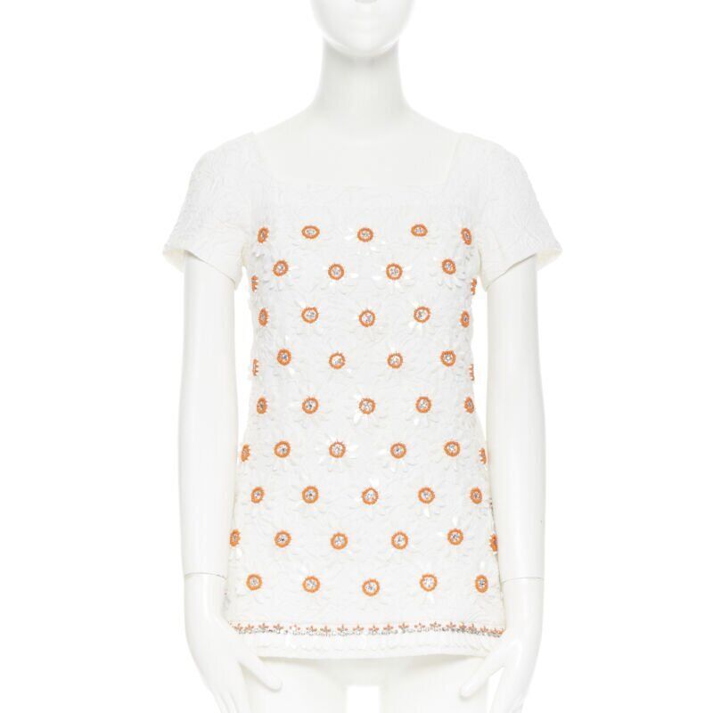 MOSCHINO white cloque cotton orange bead crystal floral embellished top IT38