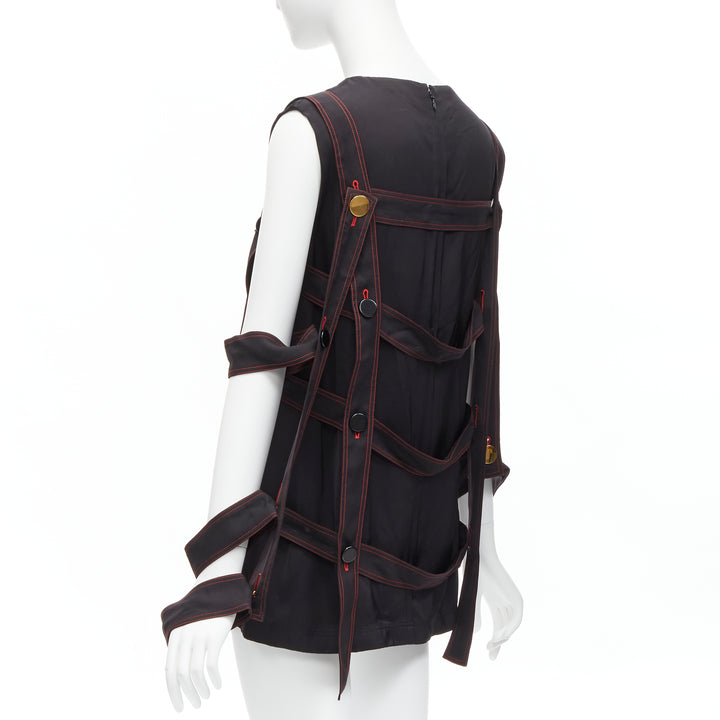 OLD CELINE Philo 2015 Runway Look 17 black grid harness gold button top FR38 M