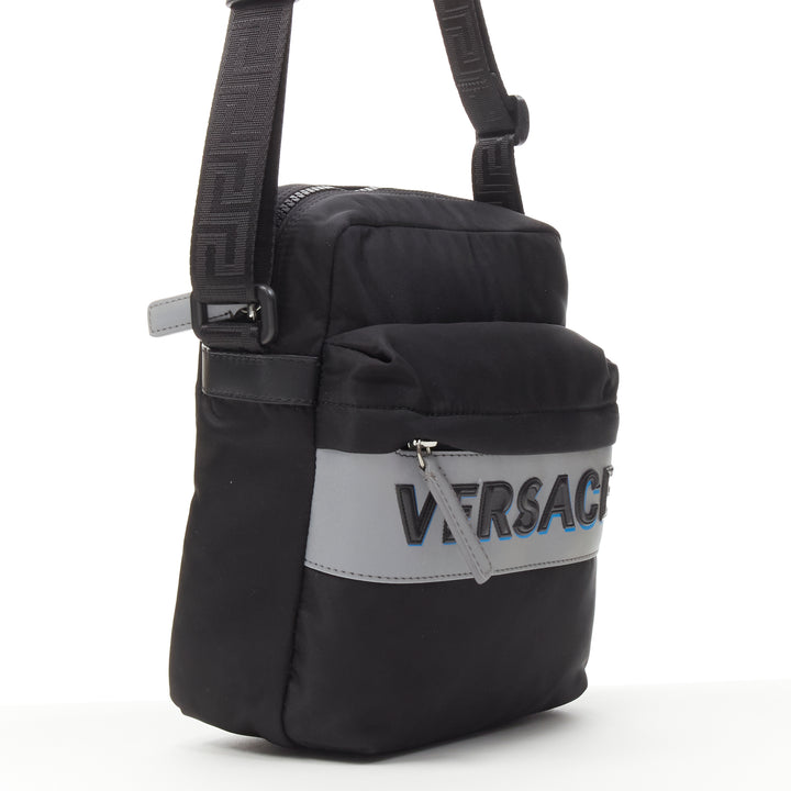 VERSACE reflective logo black nylon Greca strap crossbody messenger bag