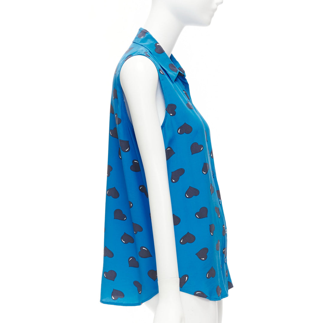EQUIPMENT 100% silk  electric blue black heart printed sleeveless blouse M