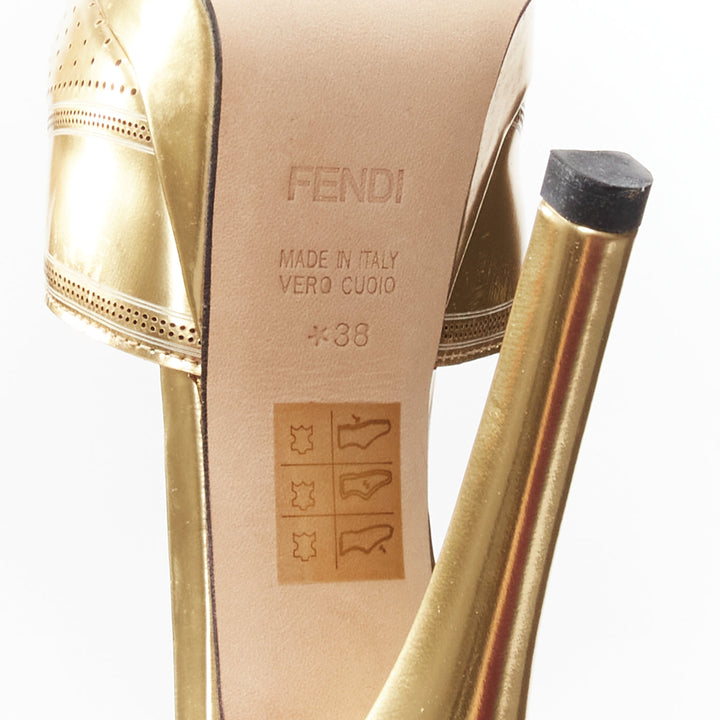 FENDI Flo metallic gold leather perforated tstrap peep toe platforms EU38