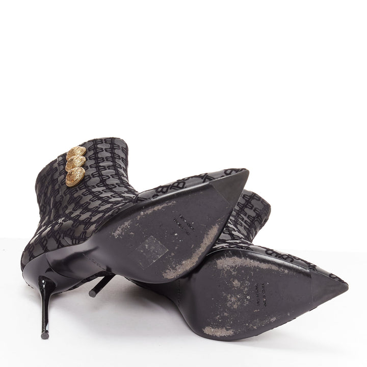 BALMAIN black BB monogram gold buttons high top stiletto boots EU38