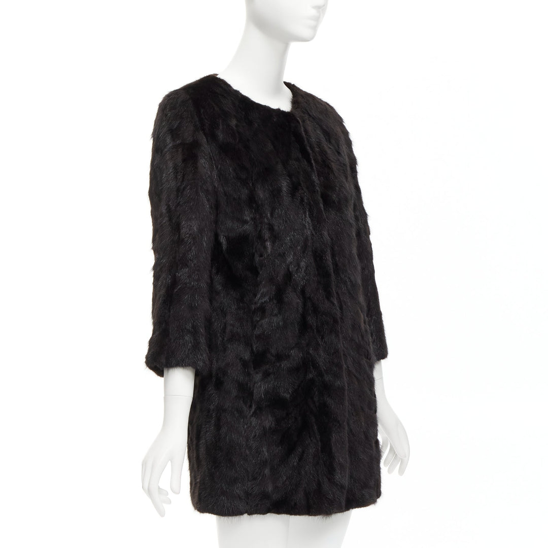 CHEVITTE dark brown genuine fur jewel neck cropped sleeves coat top M