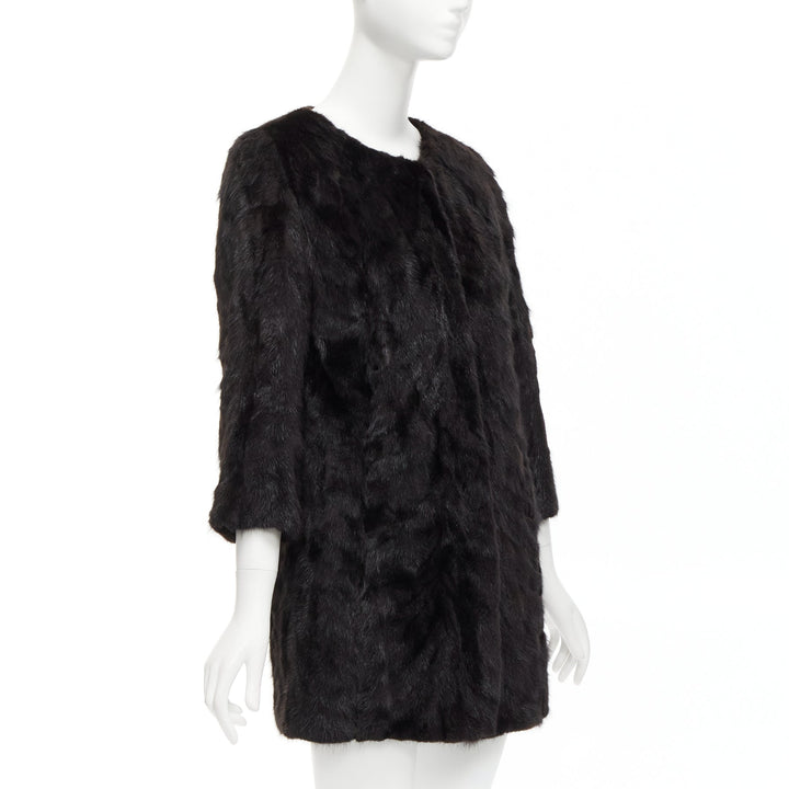 CHEVITTE dark brown genuine fur jewel neck cropped sleeves coat top M