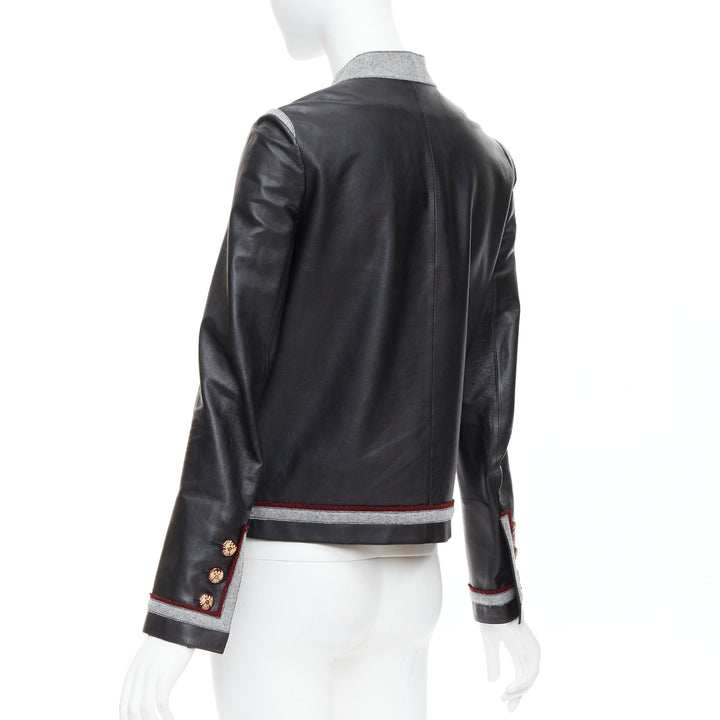 CHANEL 10A Paris Shanghai Runway black leather grey trim 4 pocket jacket FR36 S