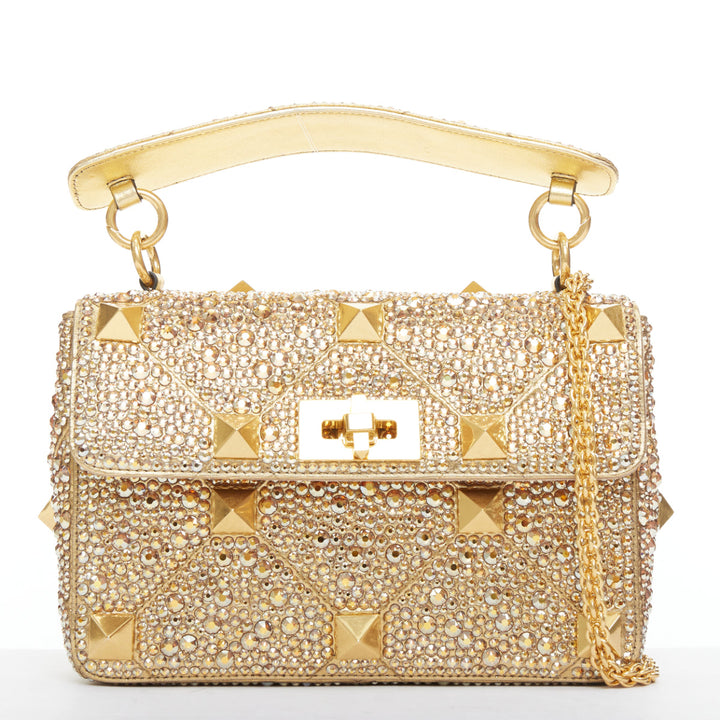 rare VALENTINO Roman Stud Medium gold crystal chain turnlock shoulder bag