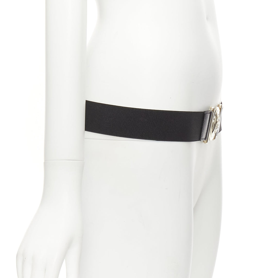 EMILIO PUCCI gold crest logo buckle black fabric stretch skinny belt IT38 XS