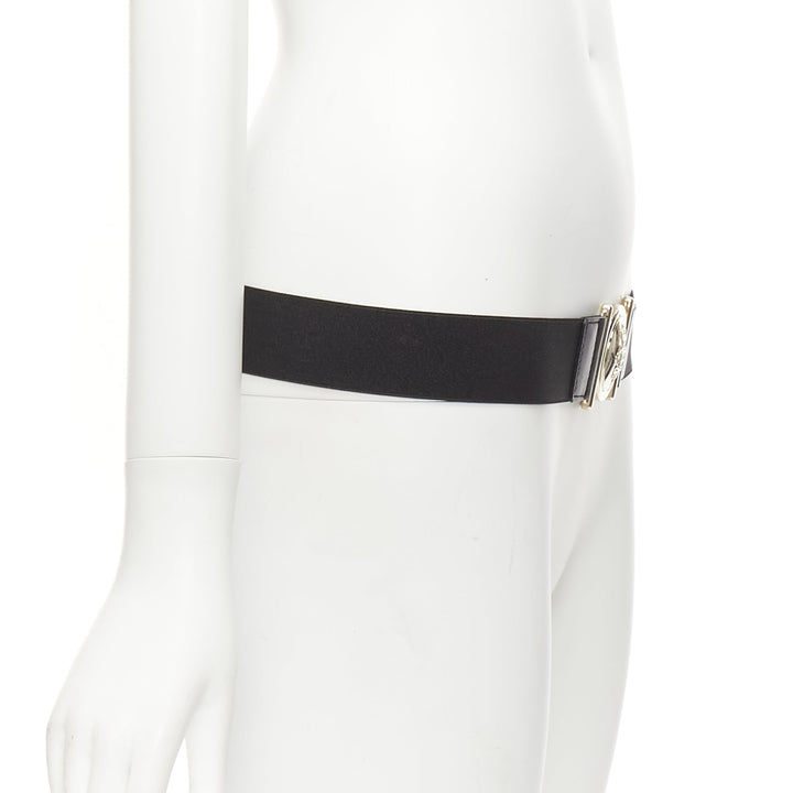 EMILIO PUCCI gold crest logo buckle black fabric stretch skinny belt IT38 XS