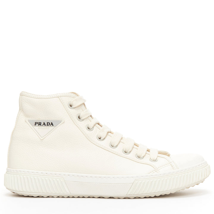 PRADA white textured leather black triangle logo high top sneakers UK7 EU40