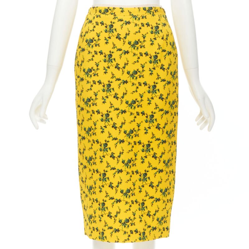 NO 21 yellow green leaf print contrast pink band pencil skirt IT38 XS