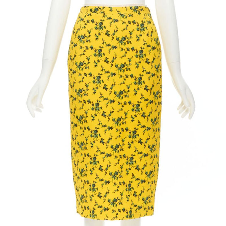 NO 21 yellow green leaf print contrast pink band pencil skirt IT38 XS