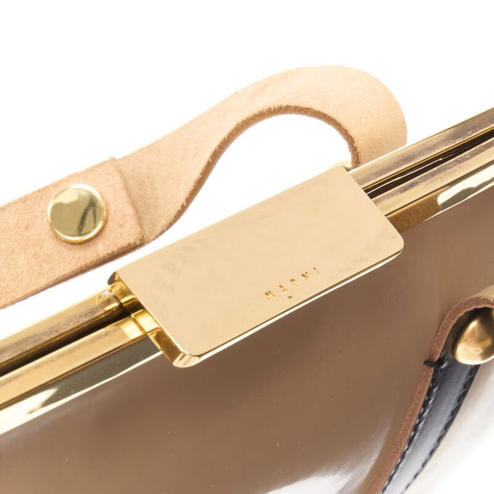 MARNI brown latex PVC gold stud leather trim metal frame tote bag