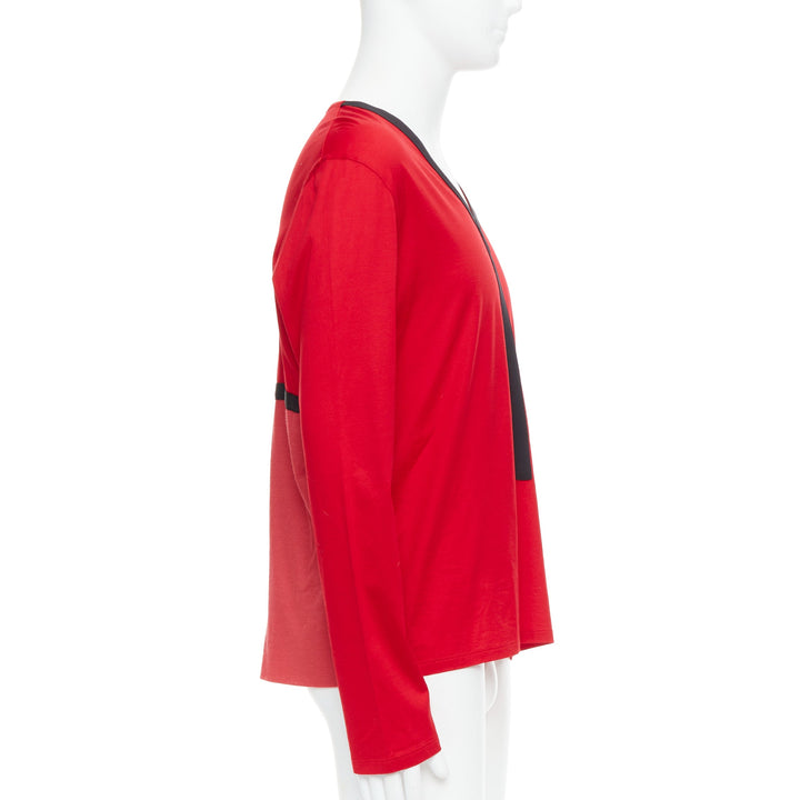 BALENCIAGA 2012 red cotton blend black trim V-neck long sleeve top XL