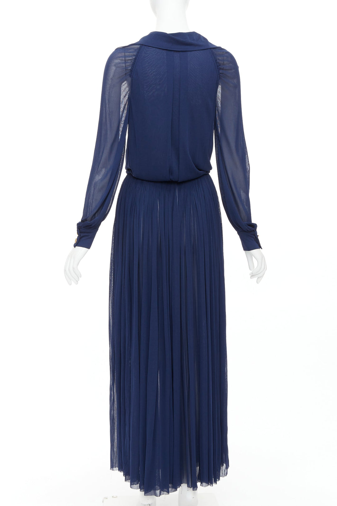 CHANEL 2017 Runway navy gold CC owl logo buttons pleated belted dress FR36 S