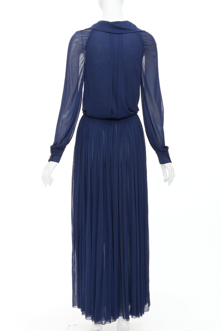 CHANEL 2017 Runway navy gold CC owl logo buttons pleated belted dress FR36 S