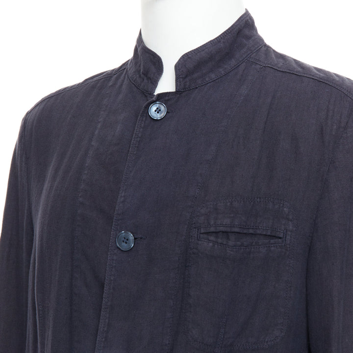 ERMENEGILDO ZEGNA navy linen 3 pockets stand collar light blazer IT48 M