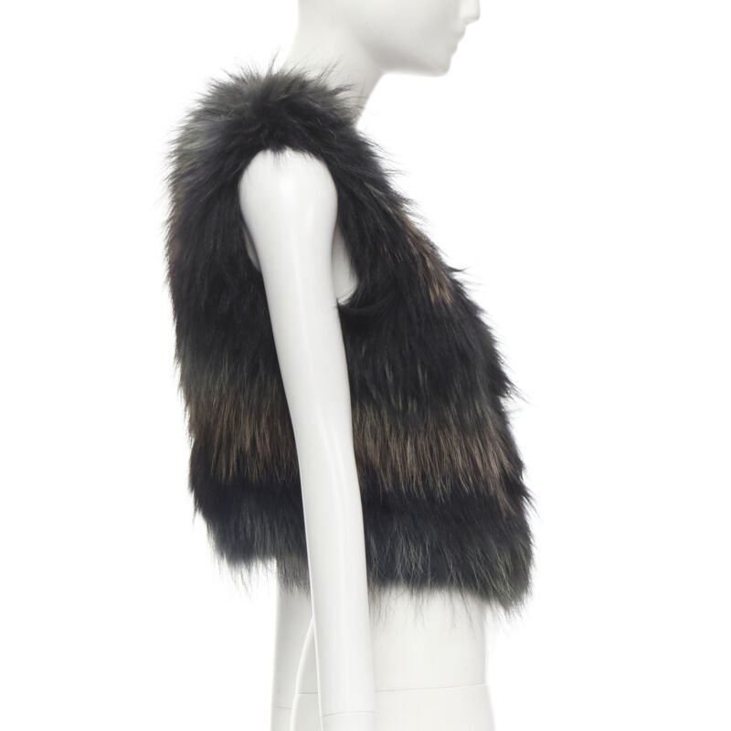 METEO YVES SALOMON black brown green racoon fur vest jacket IT36 XS
