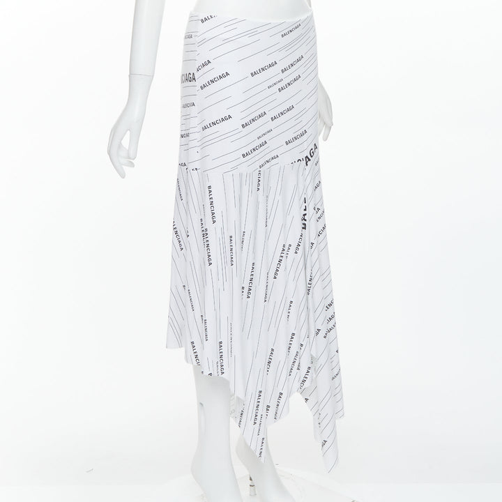 BALENCIAGA Demna 2018 white black logo print asymmetric midi skirt FR38 M