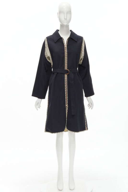 SEE BY CHLOE 2019 black check trim side zip belted car coat FR36 S