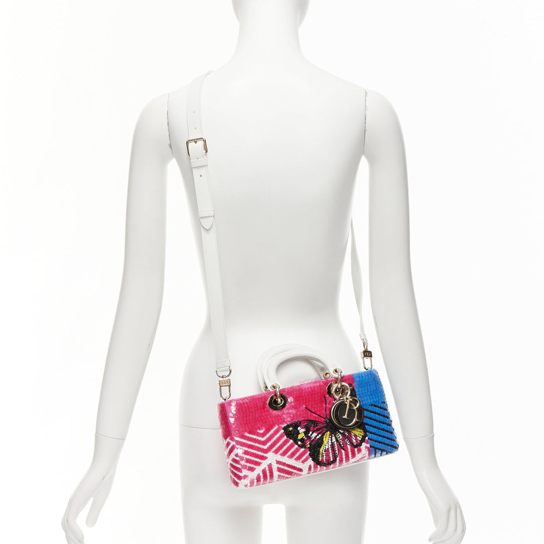rare CHRISTIAN DIOR Lady D-joy Runway pink blue butterfly sequins crossbody bag