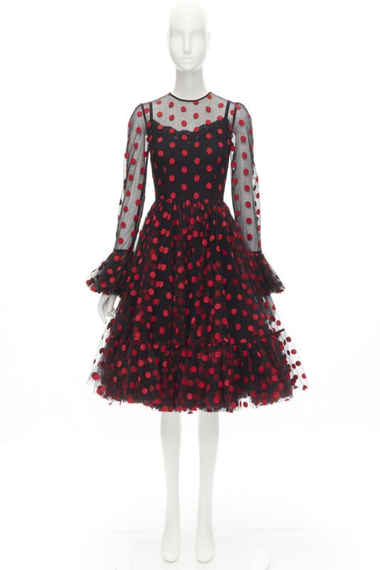 DOLCE GABBANA black red polka dot embroidered tulle flared dress IT40 S