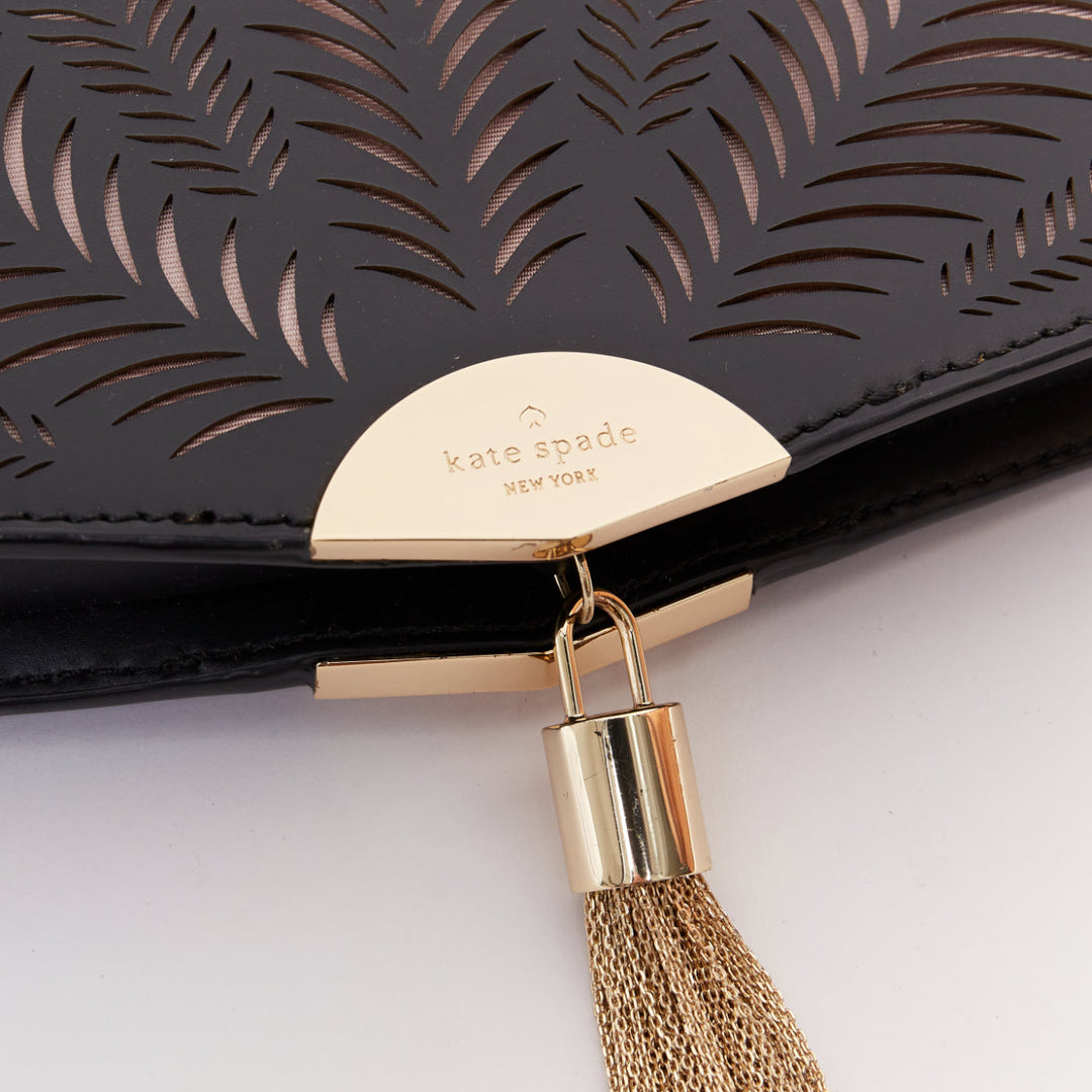 KATE SPADE Dress The Part black leather cut gold tassel fan clutch bag