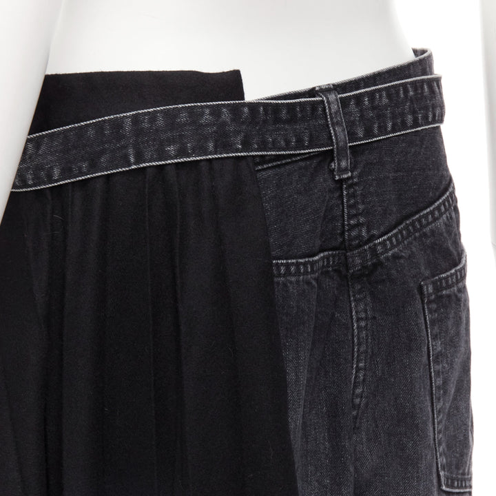 SACAI 2020 black cotton wool nylon denim pleats deconstruction shorts JP3 L