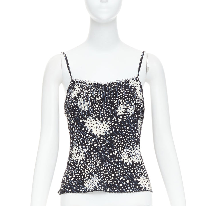 CHANEL 02A 100% silk CC logo polka dot pearl trim camisole FR40 S