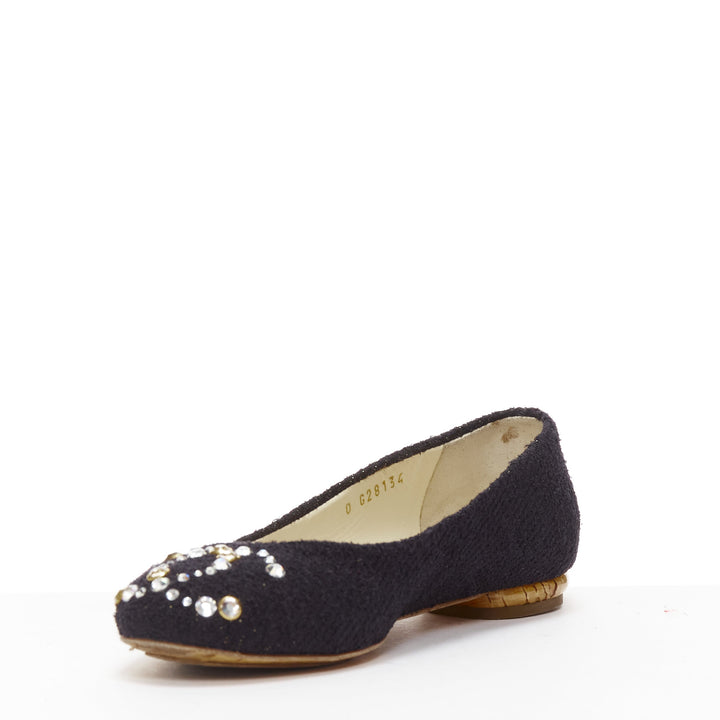 CHANEL black tweed crystal CC embellished logo round toe flat shoes EU35