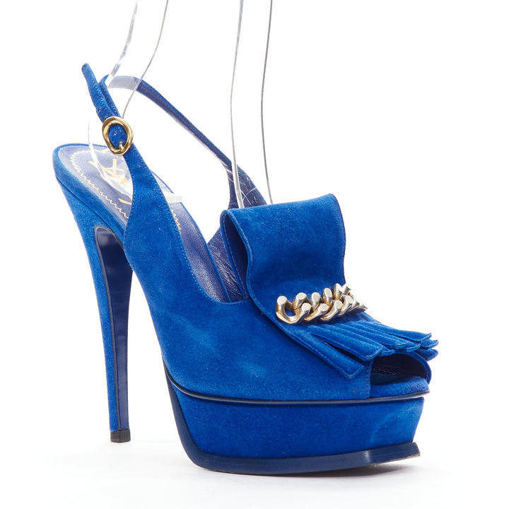 YVES SAINT LAURENT Tribute cobalt blue suede fringe chain platform EU37.5