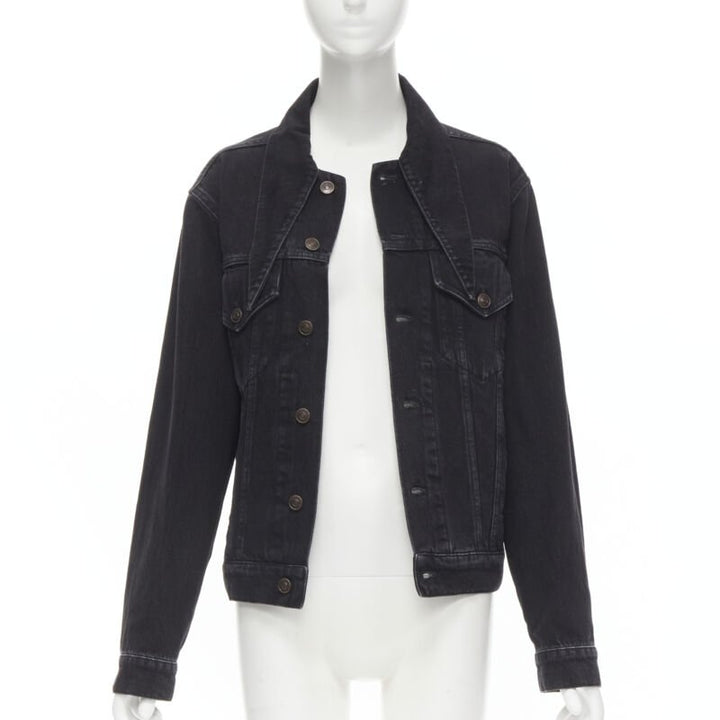 BALENCIAGA 2017 Scarf Collar Neck Tie washed black denim trucker jacket FR34 XS
