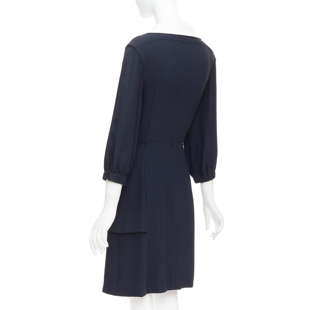 rare CHANEL 2015 Runway black silk white cotton collar trompe loeil dress FR36 S