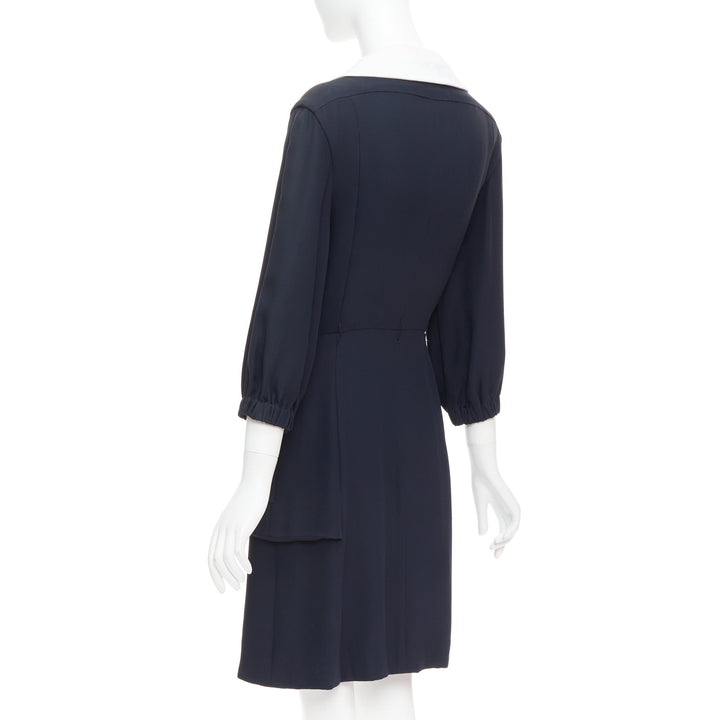 rare CHANEL 2015 Runway black silk white cotton collar trompe loeil dress FR36 S