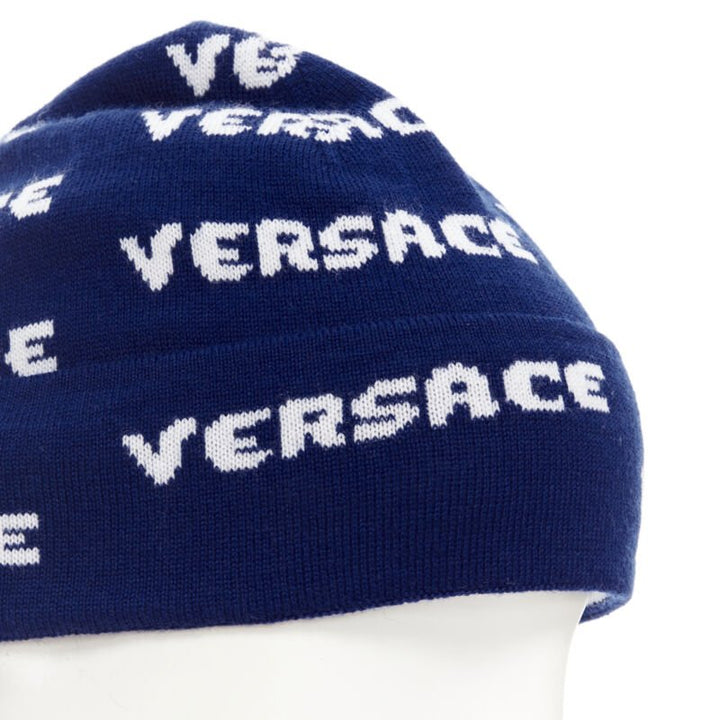 VERSACE 100% wool black white logo monogram beanie hat