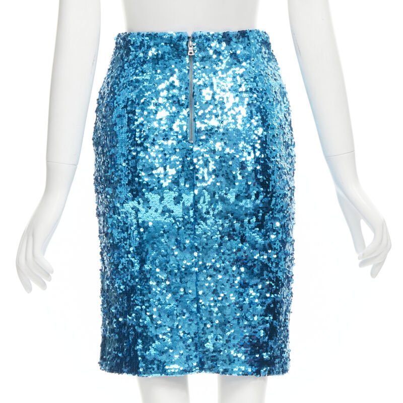ALICE OLIVIA blue bling sequins side zip disco party pencil skirt US0 XS