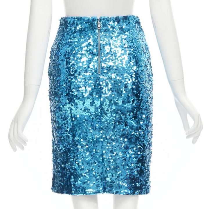 ALICE OLIVIA blue bling sequins side zip disco party pencil skirt US0 XS